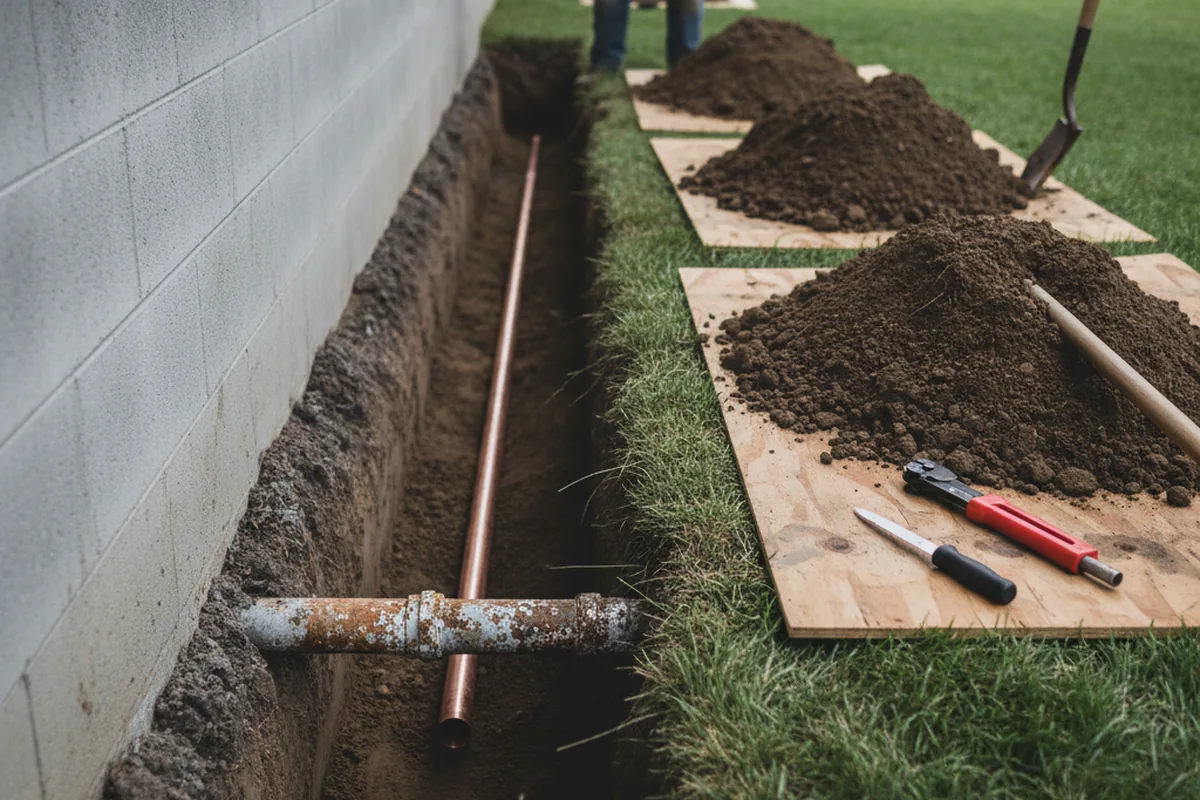 Excavated water line trench during Sewer Line Repair in Hawaiian Gardens